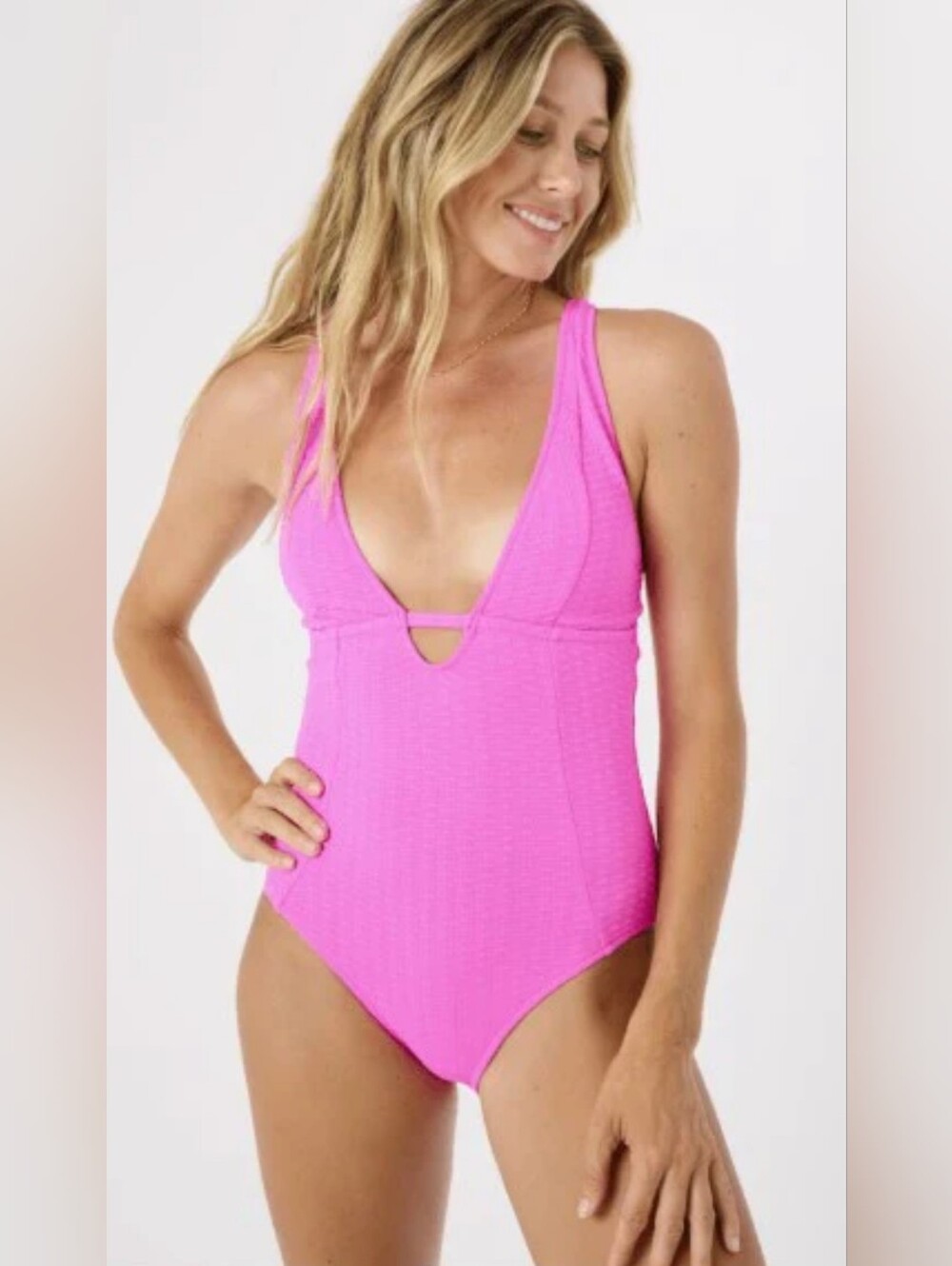 ROXY Juniors/Women's Bubble Gum Pink Ribbed Keyhole One-Piece Swimsuit